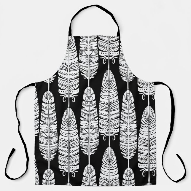 Delantal Birds feathers boho seamless pattern in black and  (Anverso)