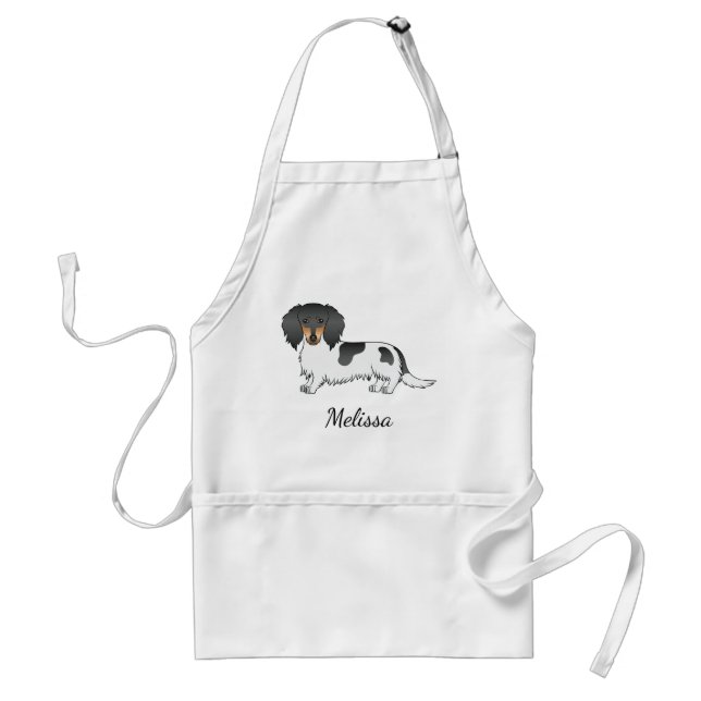 Delantal Black And Tan Piebald Long Hair Dachshund & Name (Frente)