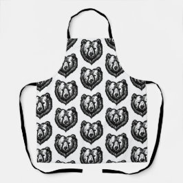 Delantal Black and White Bear's Face Ink Drawing