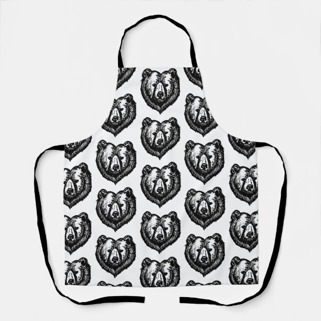 Delantal Black and White Bear's Face Ink Drawing (Anverso)