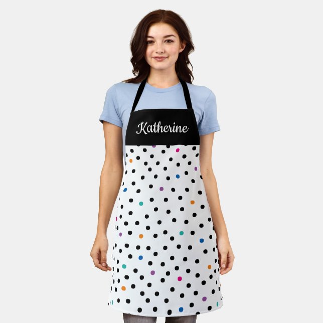Delantal Black and White Polka Dot Custom Name Apron (Gastado)