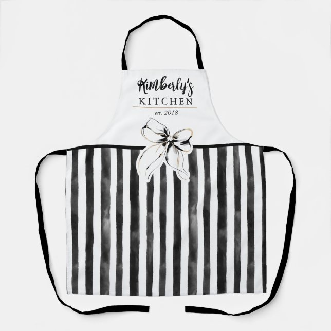 Delantal Black Bow Black and White Stripes Whimsical Name (Anverso)