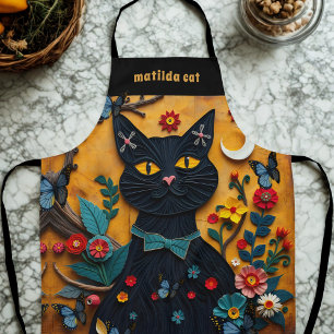 Delantal Black Cat Folk Art Colorful Floral Apron