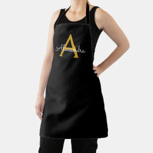 Delantal Black Gold Modern Script Girly Monograma Nombre