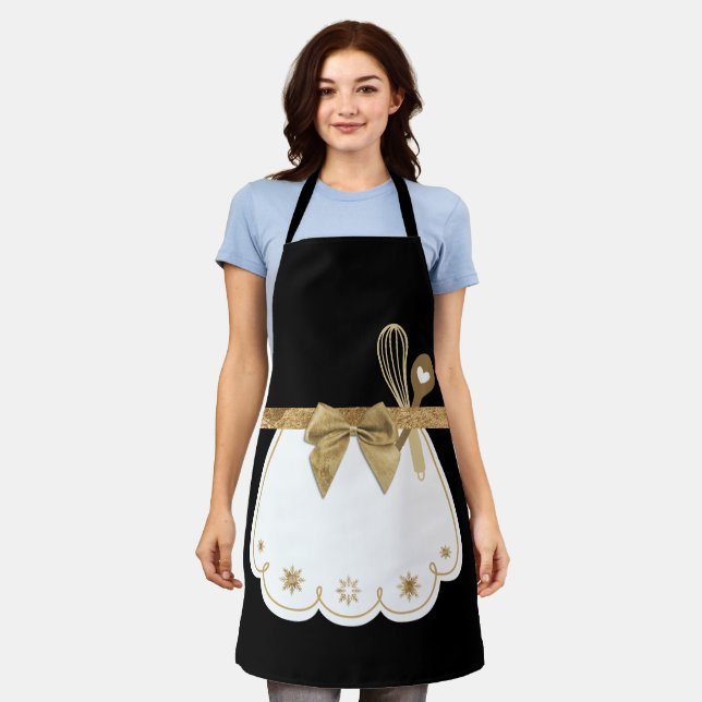 Delantal Black & Gold White Fake Apron Baking Whisk & Spok (Gastado)