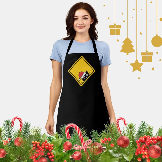 Delantal Black Sneaky Santa Cat U.S. Warning Sign (Subido por el creador)