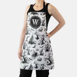 Delantal Black & White Halloween Toile Monogram