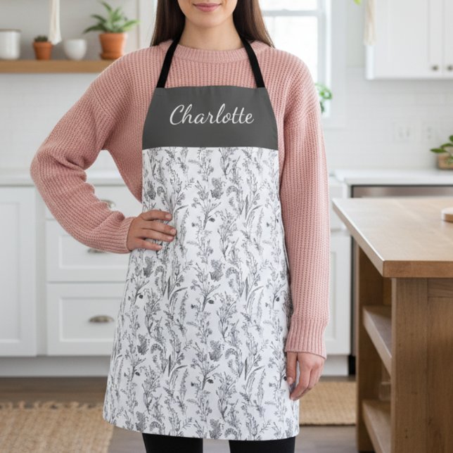 Delantal Black White Toile Floral Custom Name (black and white minimalist toile chinoiserie pattern apron with custom name)