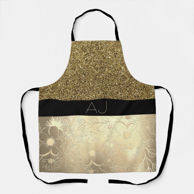 Delantal Bling Bling Gold Purpurina y Black Floral Initials (Anverso)