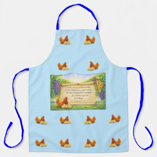 Delantal Blue All-Over Apron with Chickens & Bible Verse
