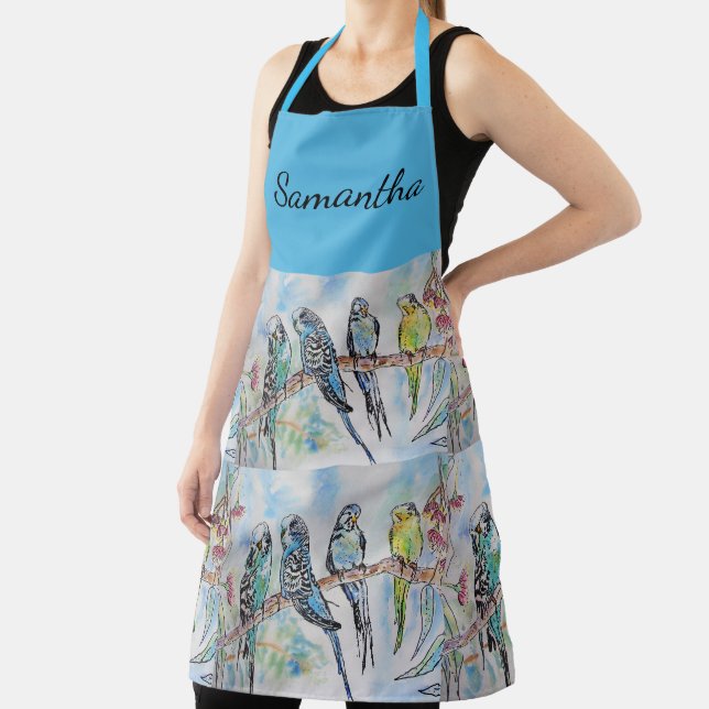 Delantal Blue Budgie Budgies Art Watercolor Birds Apron (in situ)
