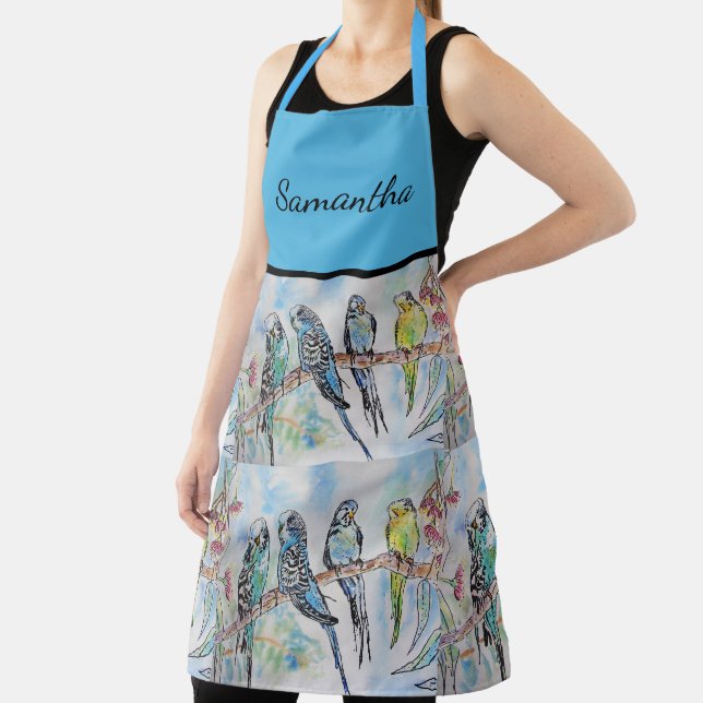 Delantal Blue Budgie Budgies Art Watercolor Birds Apron (in situ)