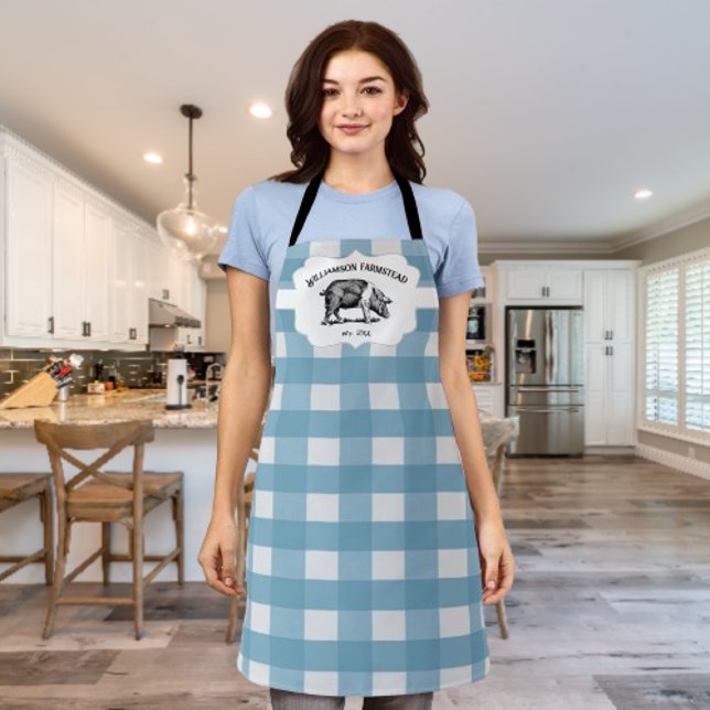 Delantal Blue Buffalo Plaid Farm Pig (Blue Buffalo Plaid Farm Pig Personalized Apron)