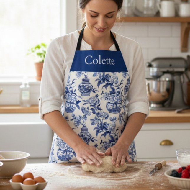 Delantal Blue Chinoiserie Monogram Name (Subido por el creador)