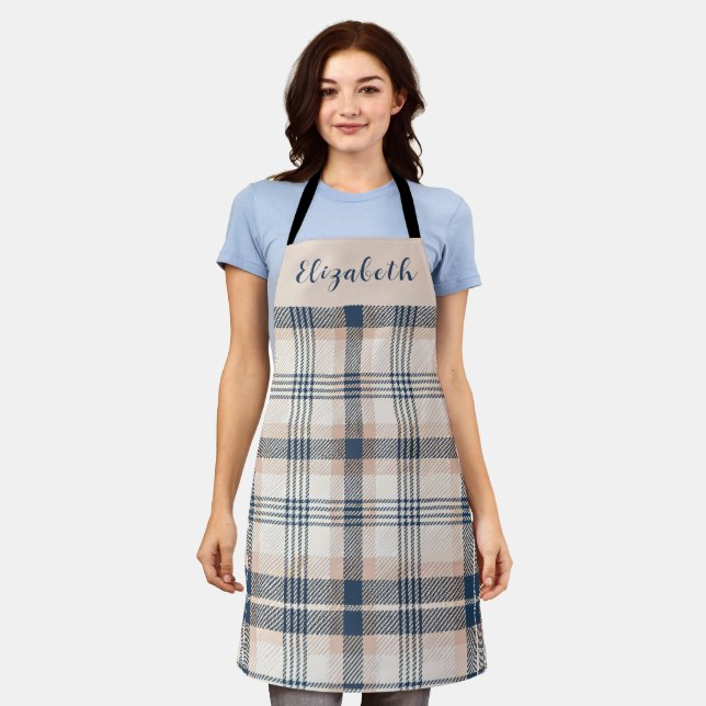 Delantal Blue Cream Tartan Plaid Custom Name (Gastado)