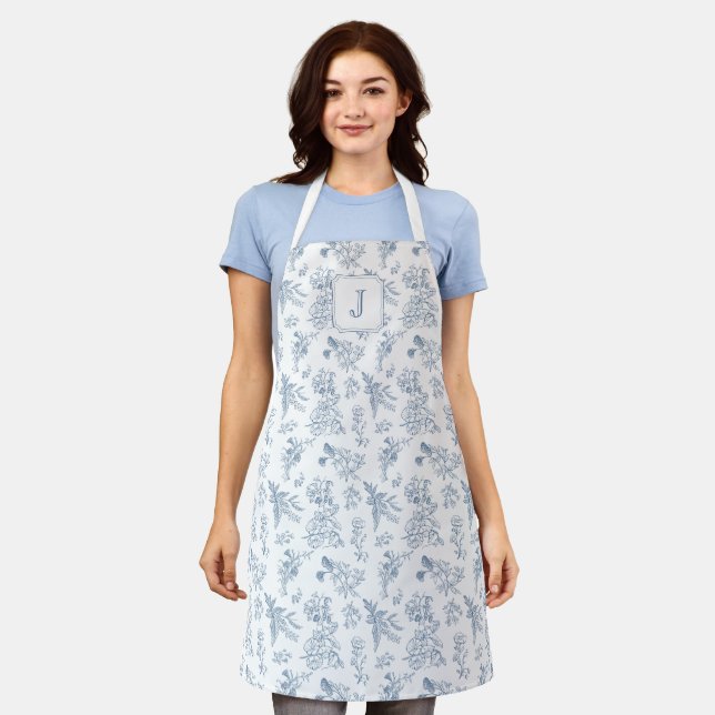 Delantal Blue Floral French Toile Custom Monogram (Gastado)