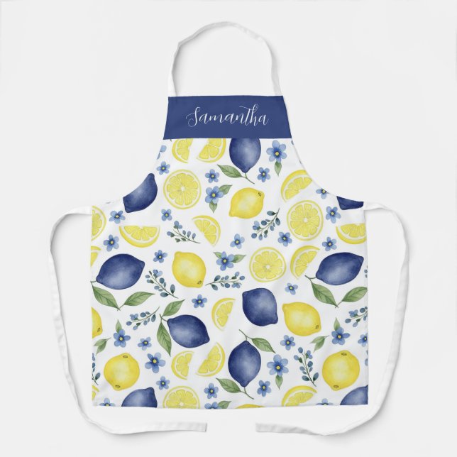 Delantal Blue French County Lemon Pattern Monogram Name (Anverso)