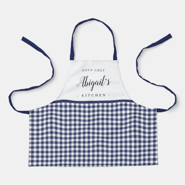 Delantal Blue gingham check cocina personalizada para niños (Anverso)