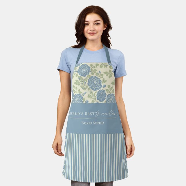 Delantal Blue Green Floral Block Print Stripe (Gastado)