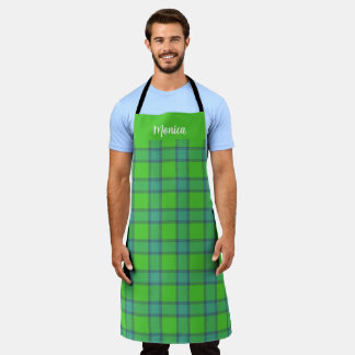 Delantal Blue &green Plaid tartan monogram name