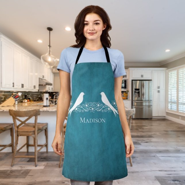 Delantal Blue Lovebirds Floral Vine Apron (Blue Lovebirds Floral Vine Personalized Apron)
