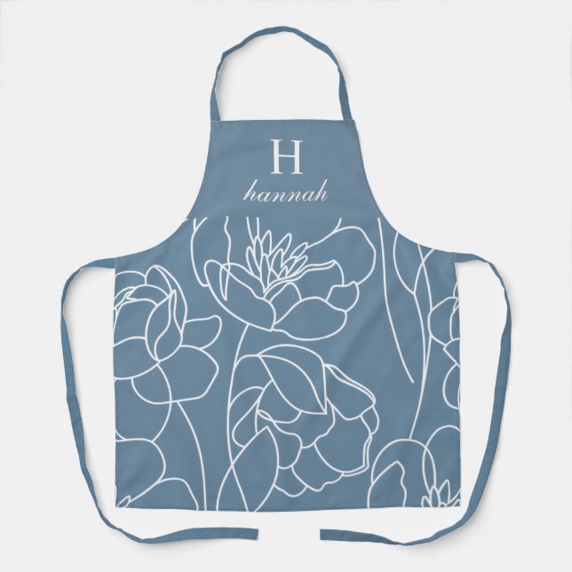 Delantal Blue Modern Wildflower Custom Monogram Name Apron (Anverso)