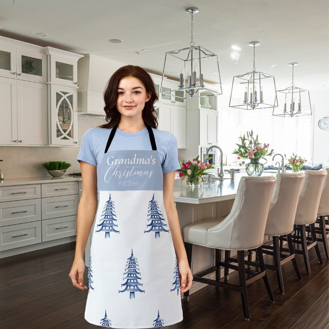 Delantal Blue Pagoda Personalizado Christmas Tree Apron (Blue Pagoda Custom Christmas Tree Apron)