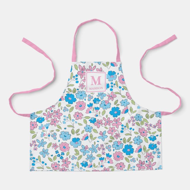 Delantal Blue Pink Floral Monogram Apron (Anverso)