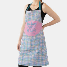 Delantal Blue Pink Purple Plaid Baking Makes Me Happy