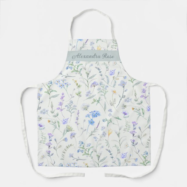 Delantal Blue Purple Watercolor Wildflower Custom Name (Anverso)