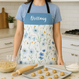 Delantal Blue Purple Watercolor Wildflower Nombre personali