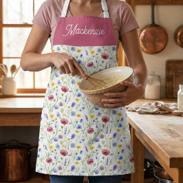 Delantal Blue Red Wildflower Botanical Custom Name 