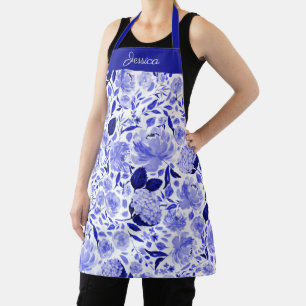 Delantal Blue Spring Watercolor Floral Pattern Apron Name