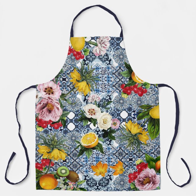 Delantal Blue tiles Mediterranean Floral  (Anverso)