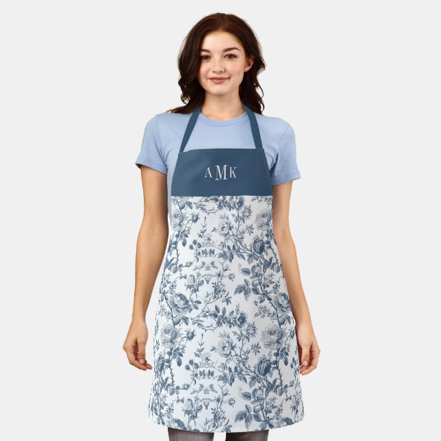 Delantal Blue White French Toile Monogram Apron (Gastado)