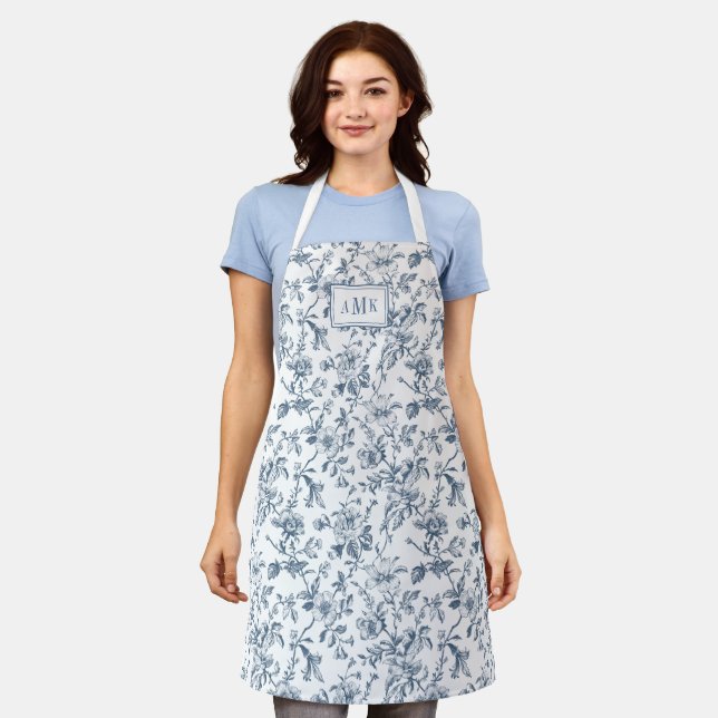 Delantal Blue White French Toile Monogram Apron (Gastado)
