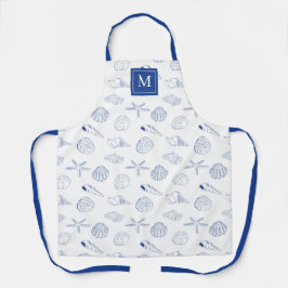 Delantal Blue White Hand Drawing Sea Shells Beach Summer