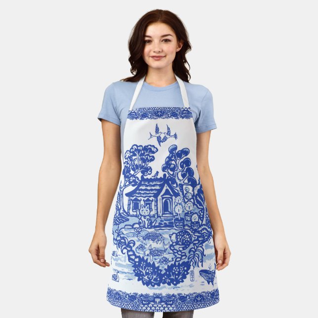 Delantal Blue Willow Lucky Cat Island Whimsical Oriental (Gastado)