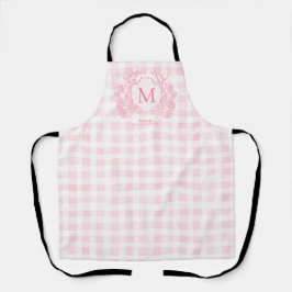 Delantal Blush Pink Gingham Floral Crest Monogram
