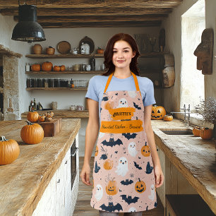 Delantal Blush rosa Halloween con fantasmas, calabazas, mur
