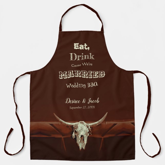 Delantal Boda Rústico Funny Bull Skull Brown Western (Anverso)