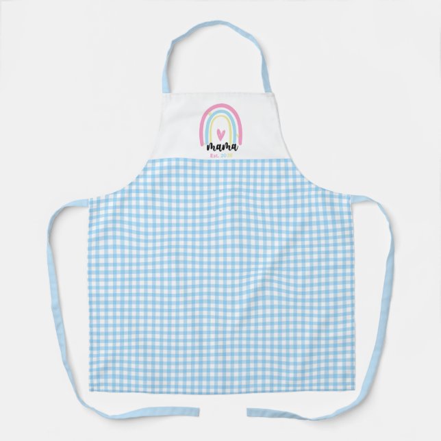 Delantal Boho Blue Gingham Custom Mama Est. Year keepsake (Anverso)