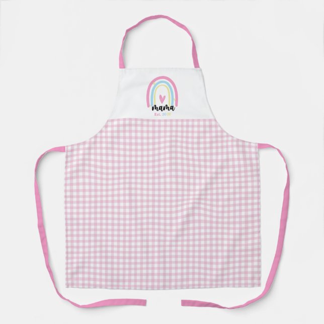Delantal Boho Pink Gingham Custom Mama Est. Year keepsake (Anverso)