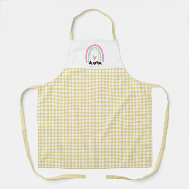Delantal Boho Yellow Gingham Custom Mama Est. Year keepsake (Anverso)