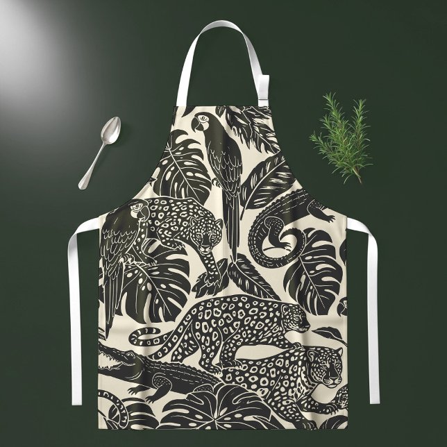 Delantal Bold Black and Cream Tropical Jungle Animals  (Subido por el creador)