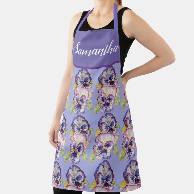Delantal Bonito Floral Pastel Pansy Purple Womans Art Apron (in situ)