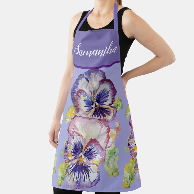 Delantal Bonito Floral Pastel Pansy Purple Womans Art Apron (in situ)