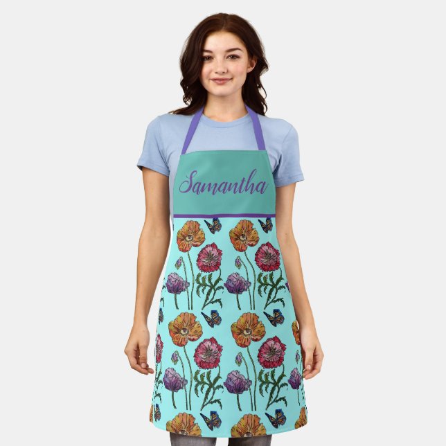 Delantal Bonito Floral Pastel Poppy Aqua Mujeres Apron (Gastado)