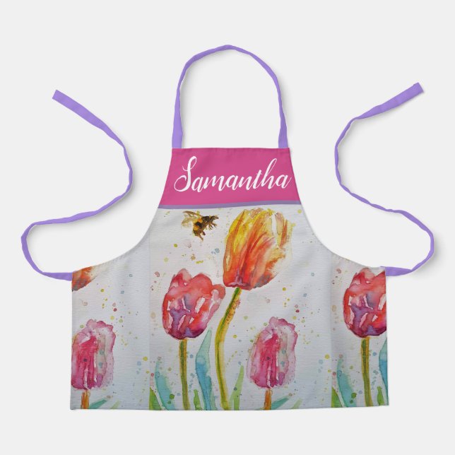 Delantal Bonito Floral Pastel Tulip Pink Bee Womans Apron (Anverso)