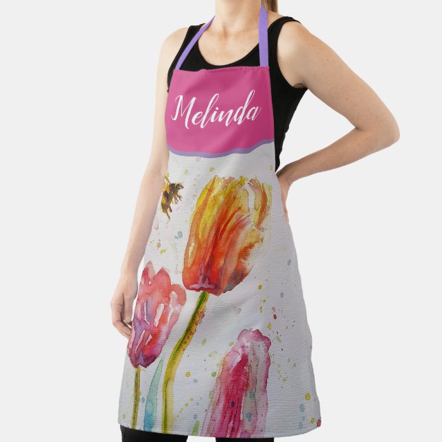 Delantal Bonito Floral Pastel Tulip Pink Bee Womans Apron (in situ)